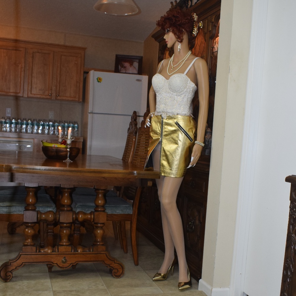 Gold 100% Genuine Leather Skirt W/Zip Front NW/OT